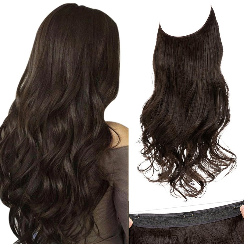 SARLA Invisible Wire Hair Extensions with 3 Clips Short Synthetic Wavy Curly Hairpiece Adjustable Transparent Headband for Women 14 Inch Dark Brown - Image 1